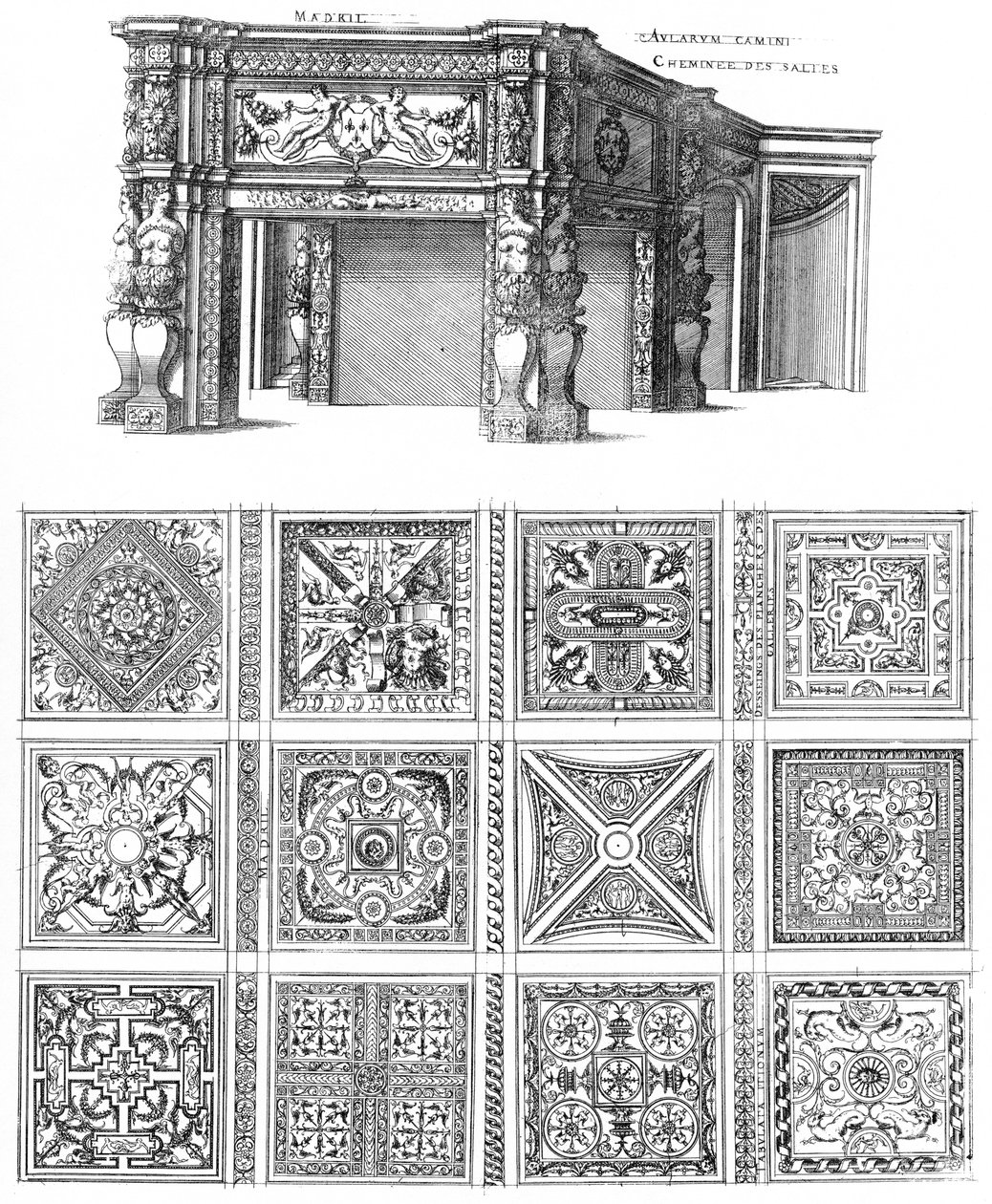 Gravering fra Le premier volume des plus excellents Bastiments de France av Jacques I Androuet du Cerceau, peis og gulvdesign for Château de Madrid av Jacques I Androuet du Cerceau