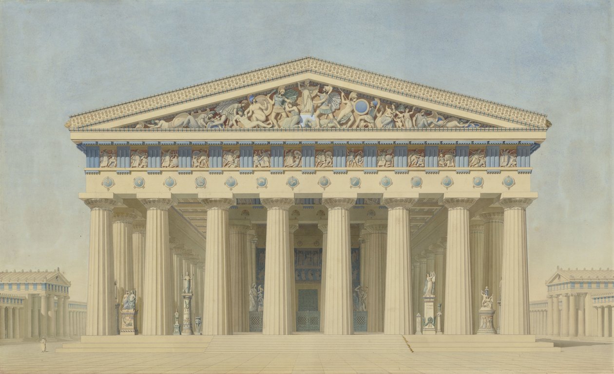 Temple T på Selinunte (Sicilia), rekonstruert høyde av hovedfasaden av Jacques Ignace Hittorff