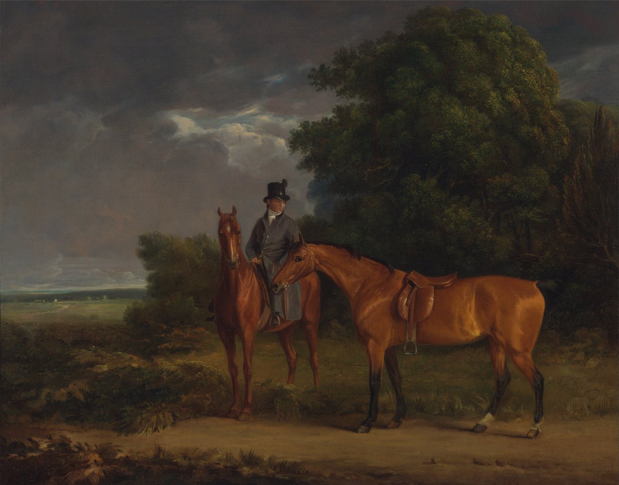 En brudgom montert på en kastanjejeger, holder han en buktjeger ved tømmene av Jacques Laurent Agasse