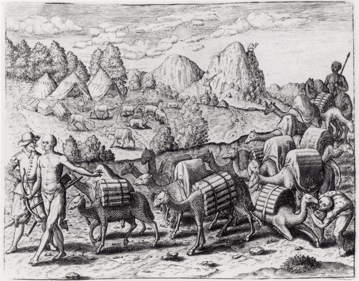 Pack Train of Lamas Laden with Silver fra Potosi Mines of Peru, gravert av Theodore de Bry (1528-98), fra 