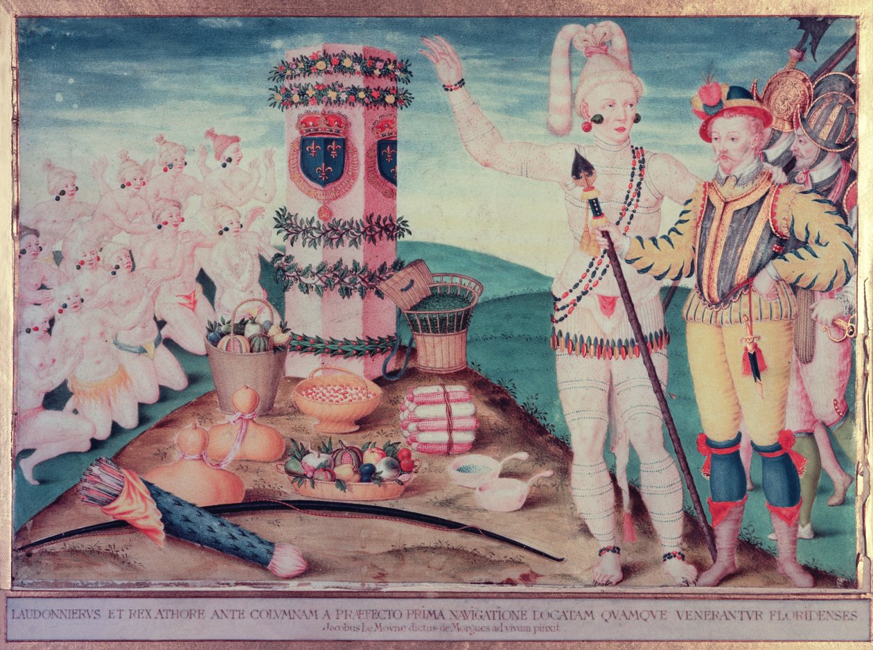 Rene Goulaine de Laudonniere (ca. 1529-82) og sjef Athore foran Ribaults søyle, ca. 1570 av Jacques Le Moyne