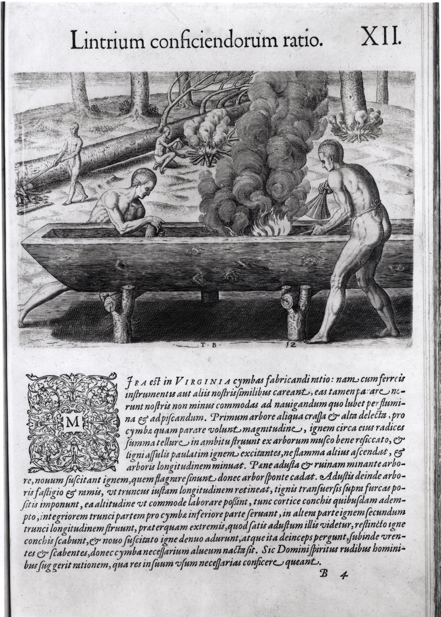 Virginia-indianere som lager dugout-båter, fra 'Americae', skrevet og gravert av Theodor de Bry (1525-75) av Jacques Le Moyne