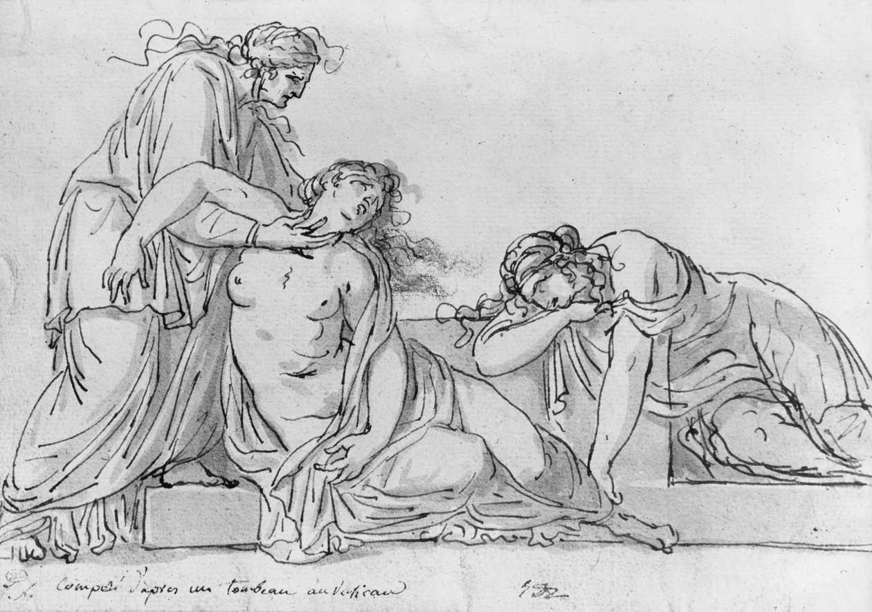 Gammel kvinne lener seg over to besvimende kvinner, ca. 1776 (penn og brunt blekk og grå vask und pierre noire på papir) av Jacques Louis David