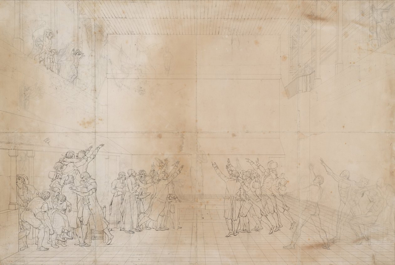 Studie for The Oath of the Tennis Court, ca. 1790 (blekk og grafitt på papir) av Jacques Louis David