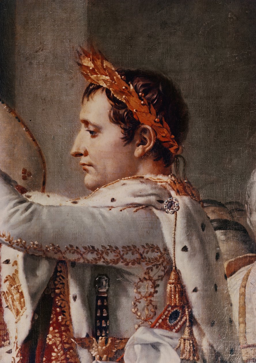 Innvielsen av keiser Napoleon (1769-1821) og kroningen av keiserinne Josephine (1763-1814) av pave Pius VII (1742-1823) 2. desember 1804, 1806-07, detalj av Napoleon av Jacques Louis David