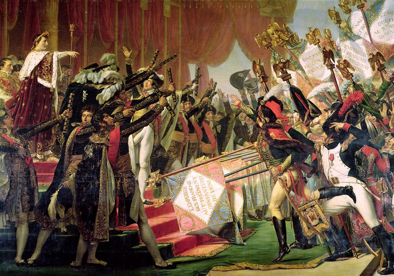 The Distribution of the Eagle Standards, 5. desember 1804, detalj om fanebærerne, 1808-10 av Jacques Louis David