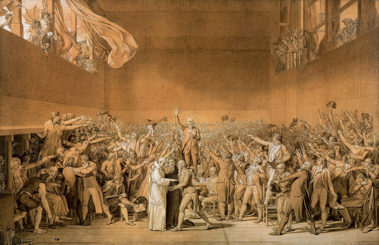 The Tennis Court Oath, 20. juni 1789, 1791 (penn vasket med bistre med høylys av hvitt på papir) (se også 14667) av Jacques Louis David