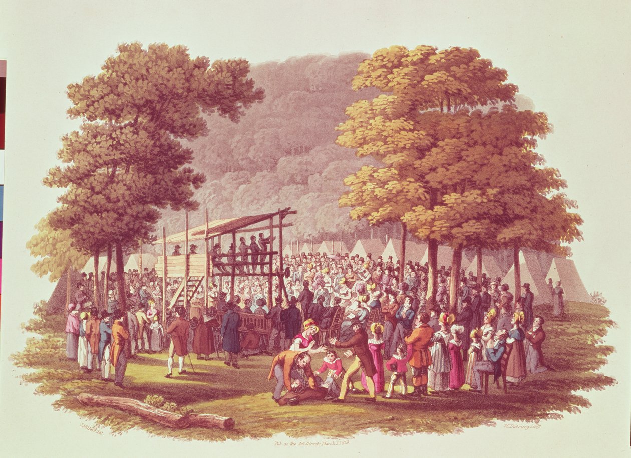 Camp Meeting of the Methodists in North America, gravert av M. Dubourg, 1819 av Jacques Milbert