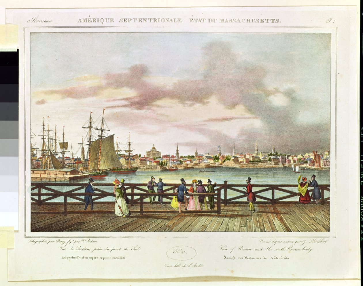 Utsikt over Boston og South Boston Bridge ca. 1829 av Jacques Milbert