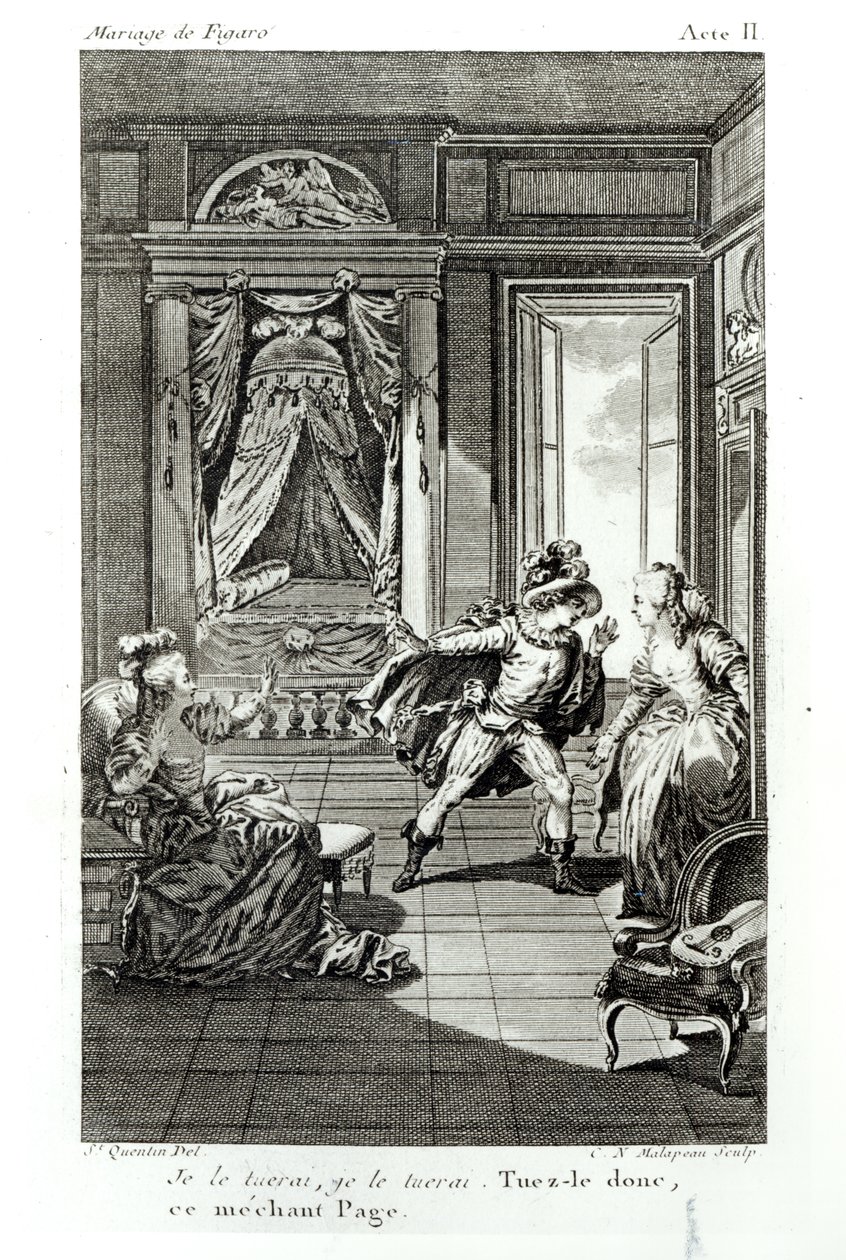 'Jeg skal drepe ham...', scene fra akt II av 'Figaros bryllup' av Pierre-Augustin Caron de Beaumarchais (1732-99) gravert av Claude Nicolas Malapeau (1755-1803) 1785 (bw phot) av Jacques Philippe Joseph de Saint Quentin