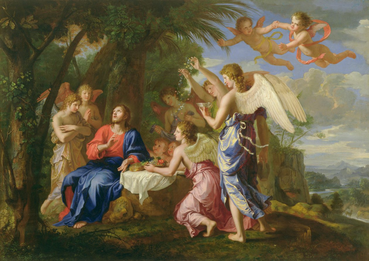 Kristus tjent av englene, ca. 1650 av Jacques Stella