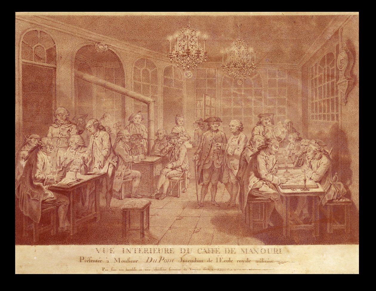 Interiør i Cafe Manouri, ca. 1775 (rødt kritt på papir) av Jacques Treton de Vaujas