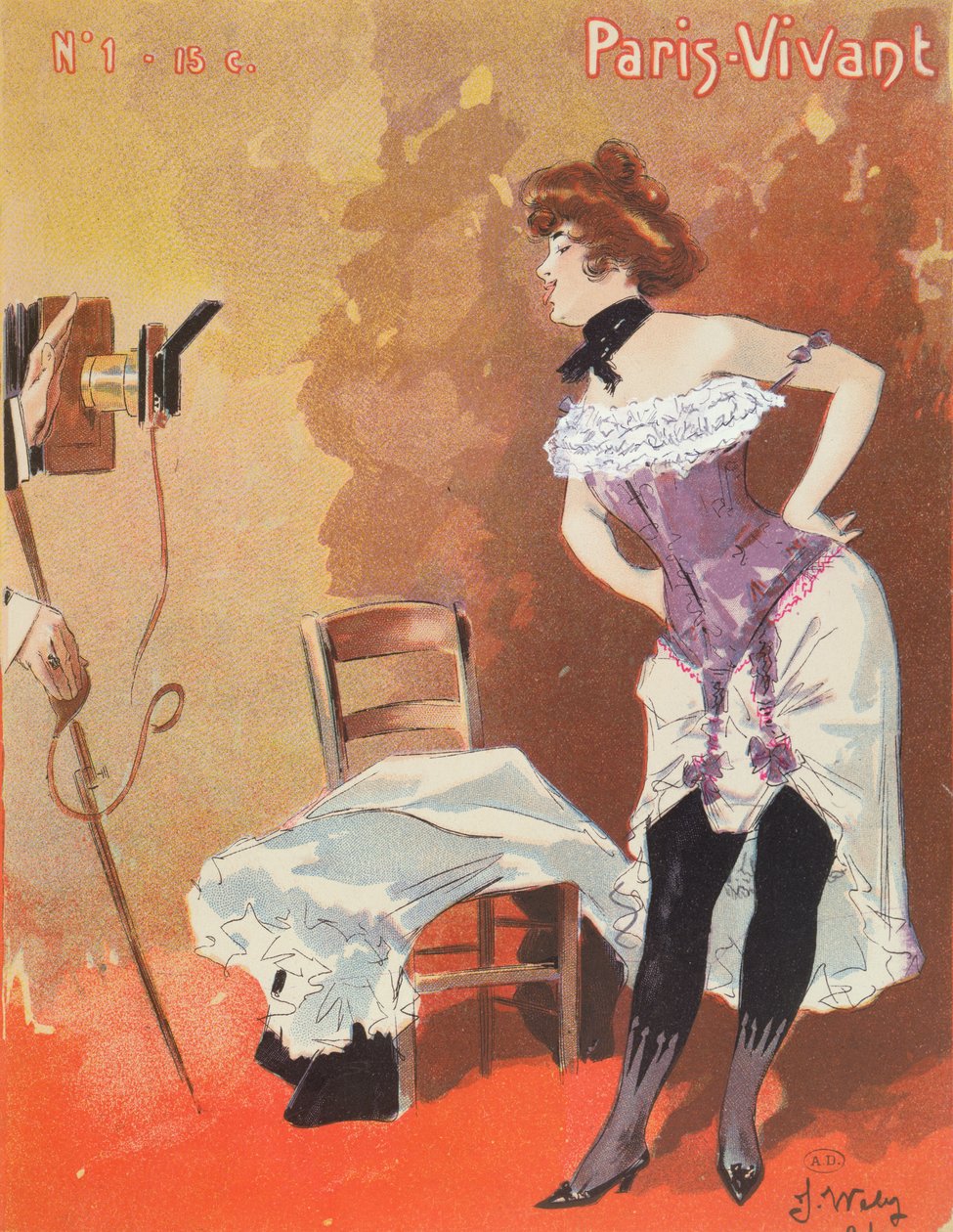 Kvinne blir fotografert i et korsett, karikatur for 'Paris-Vivant', 1901 av Jacques Wely