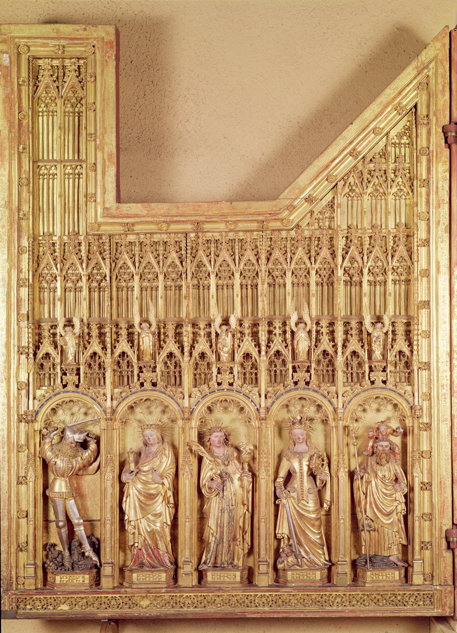 Korsfestelsens altertavle, detalj fra venstre panel som viser SS. George, Mary Magdalene, John, Catherine of Alexandria og Christopher, fra Church of Chartreuse de Champmol, ca. 1391 (gi av Jacques de Baerze or Baers