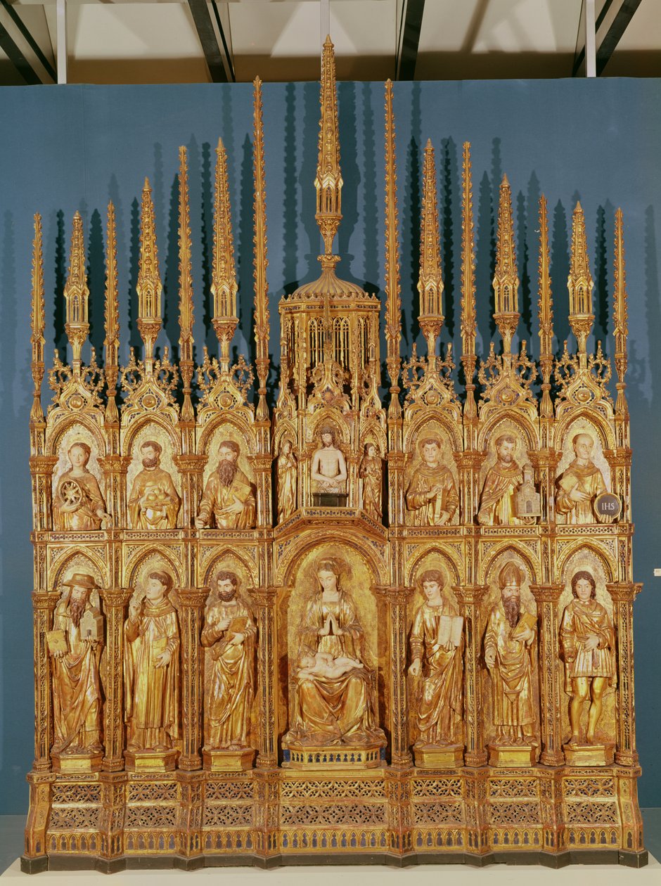 Polyptyk som viser jomfruen og barnet med tolv hellige (forgylt tre) av Jacques de Pula