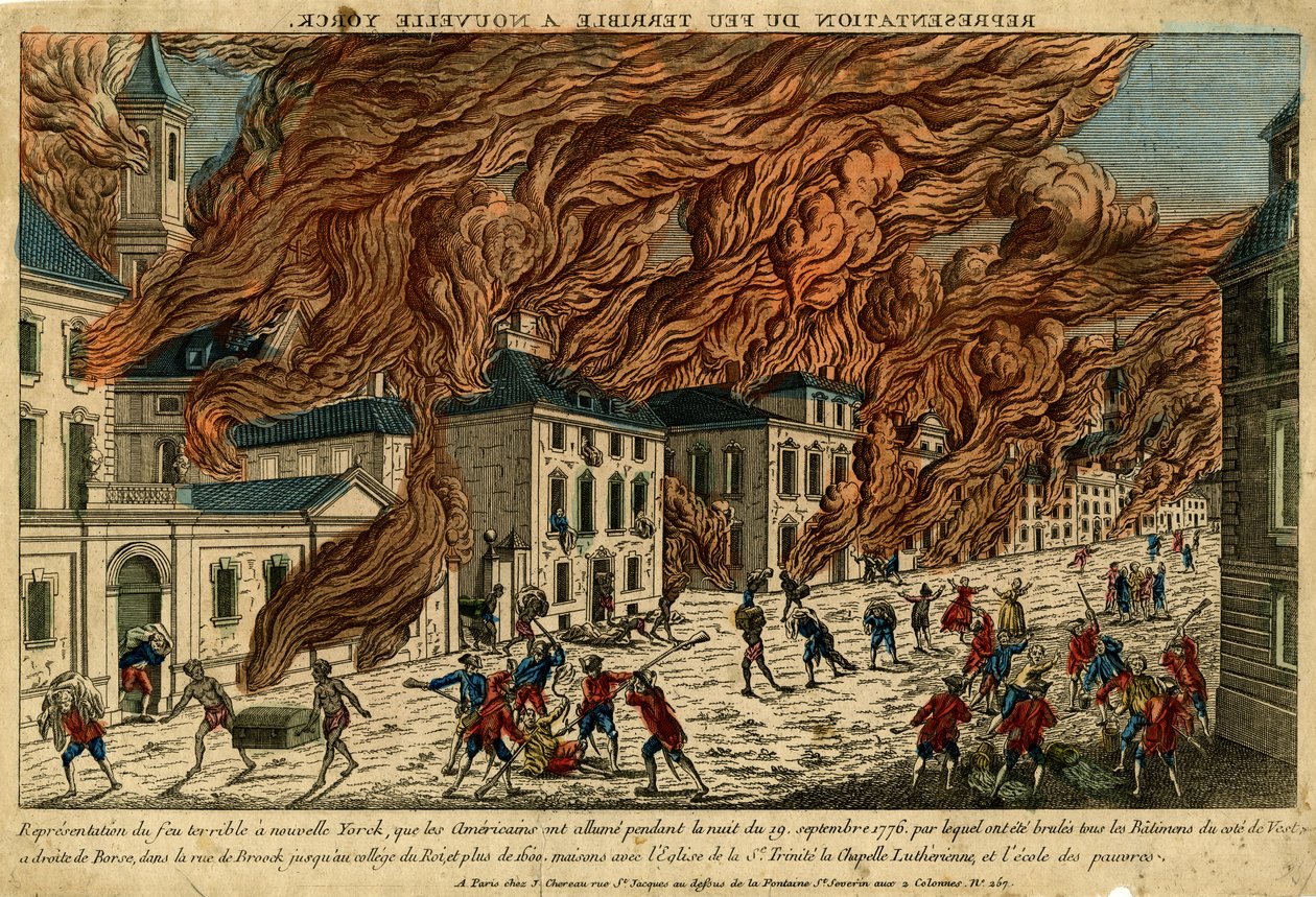Representation of Terrible Fire in New Yorck, 19. september 1776, udatert (håndfarget gravering) av Jacques the Younger Chereau