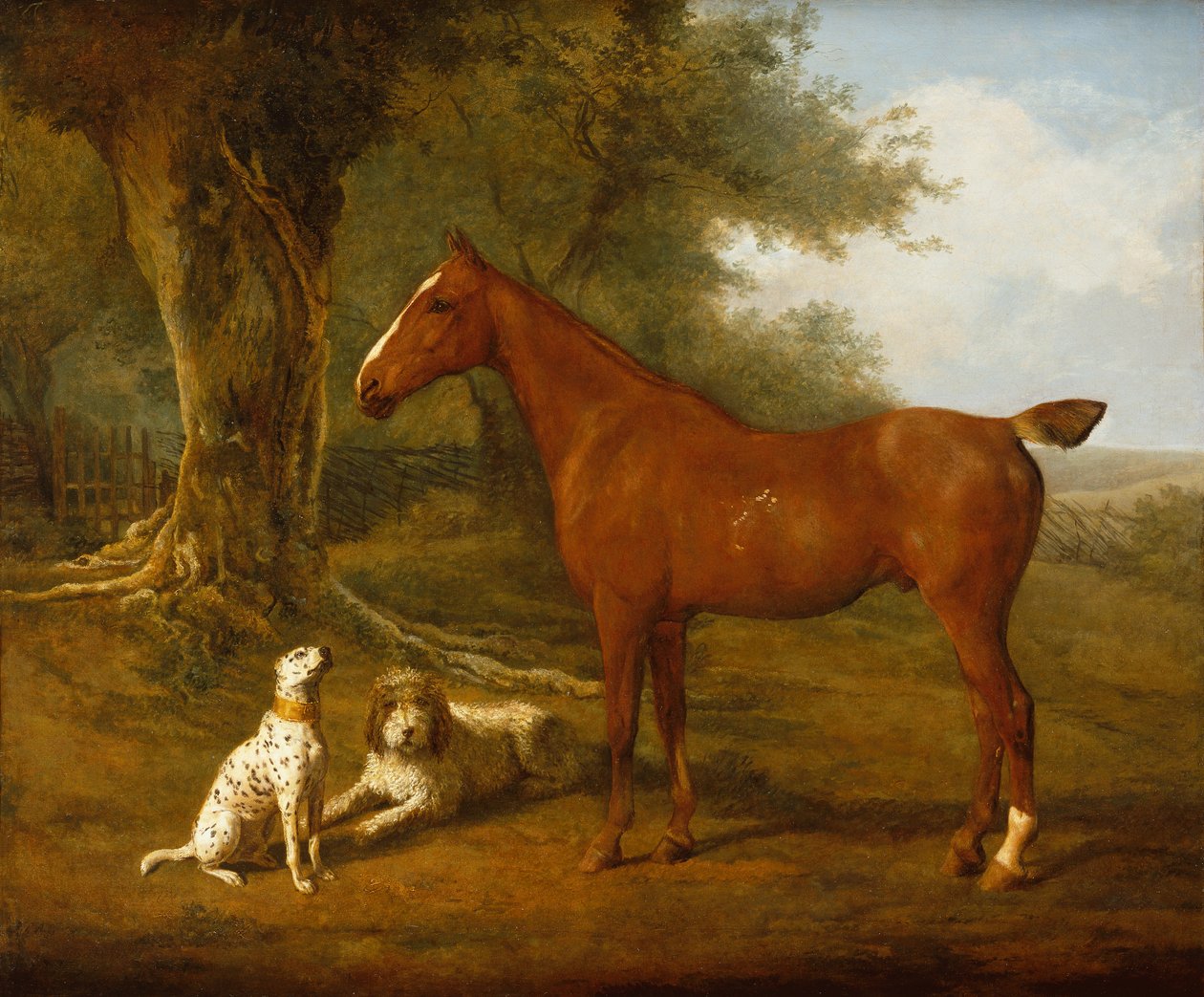 En kastanjejeger med en briard og en dalmatiner (olje) av Jacques Laurent Agasse