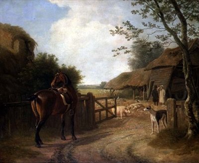 Daniel Beale på gården hans i Edmonton med favoritthesten sin av Jacques Laurent Agasse