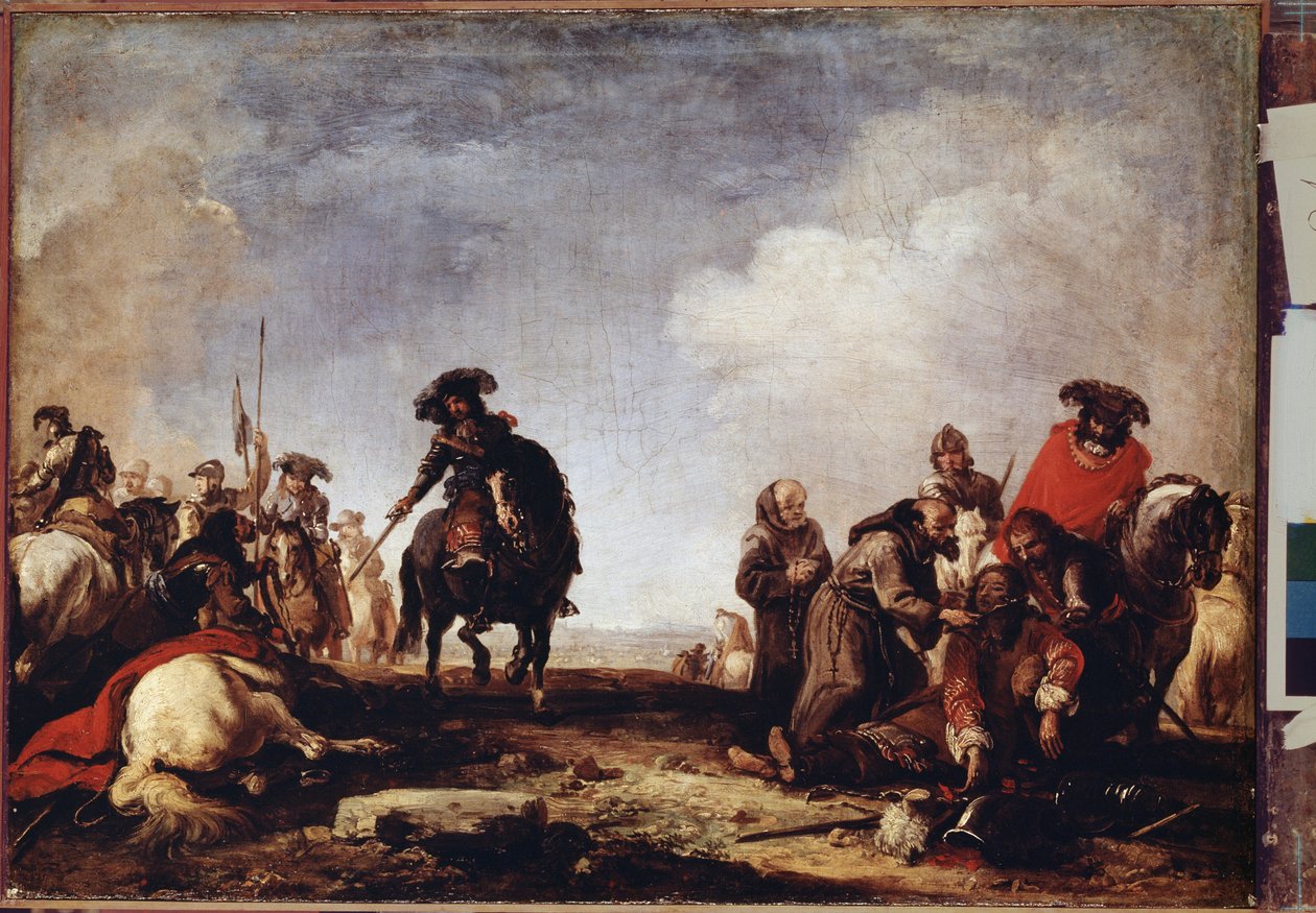 ""Etter slaget"" (Etter slaget) En gruppe munker passerer blant de sårede for å velsigne dem. Maleri av Jacques Courtois (1621-1696) Hermitage-museet fra 1600-tallet, St. Petersburg (Sankt-Petersburg) av Jacques Courtois