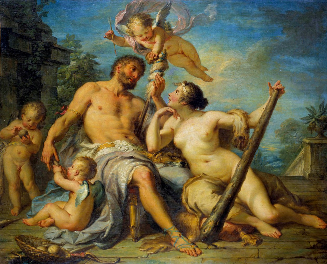 Hercules og Omphale Hercules (Heracles) er forelsket i Omphale, hvis slave han er. Maleri av Jacques Dumont kalt romeren (1701-1781). 1728. Dim. 1,33 x 1,67 m. Omvisninger, Museum of Fine Arts av Jacques  Dumont