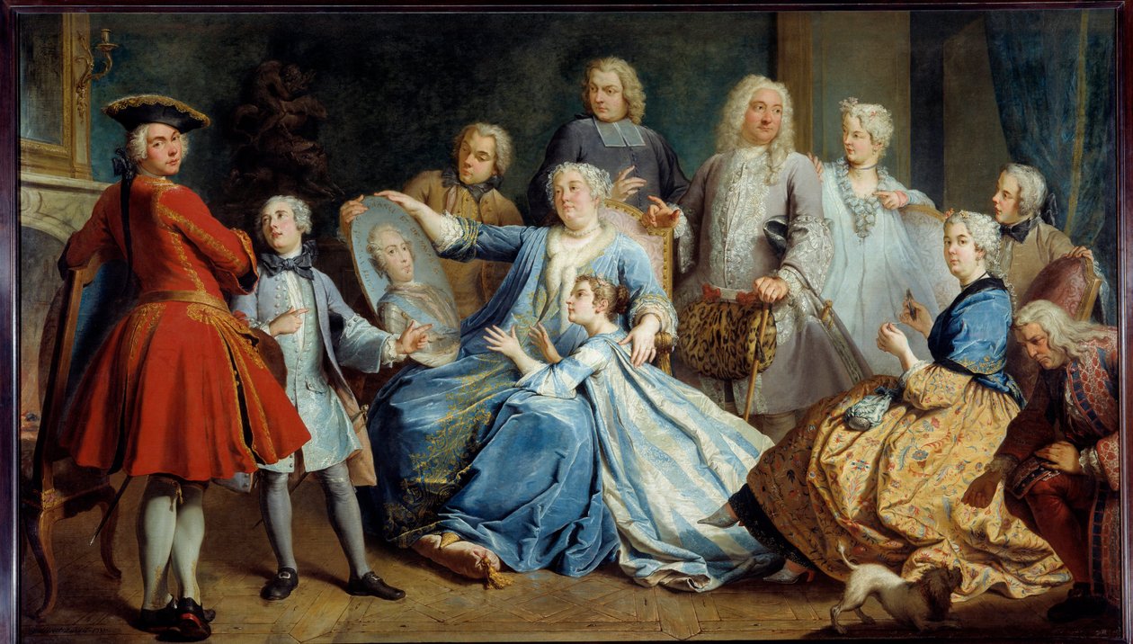 Portrett av Madame Mercier, sykepleier til Louis XV, omgitt av familien hennes. Maleri av Jacques Dumont, dit le Romain (1701-1781) av Jacques  Dumont