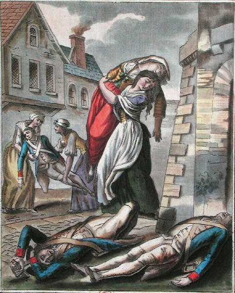 Kvinner som hjelper de skadde under den franske revolusjonen, gravert av Labrousse, ca. 1795 (farget gravering) av Jacques (after) Grasset de Saint Sauveur