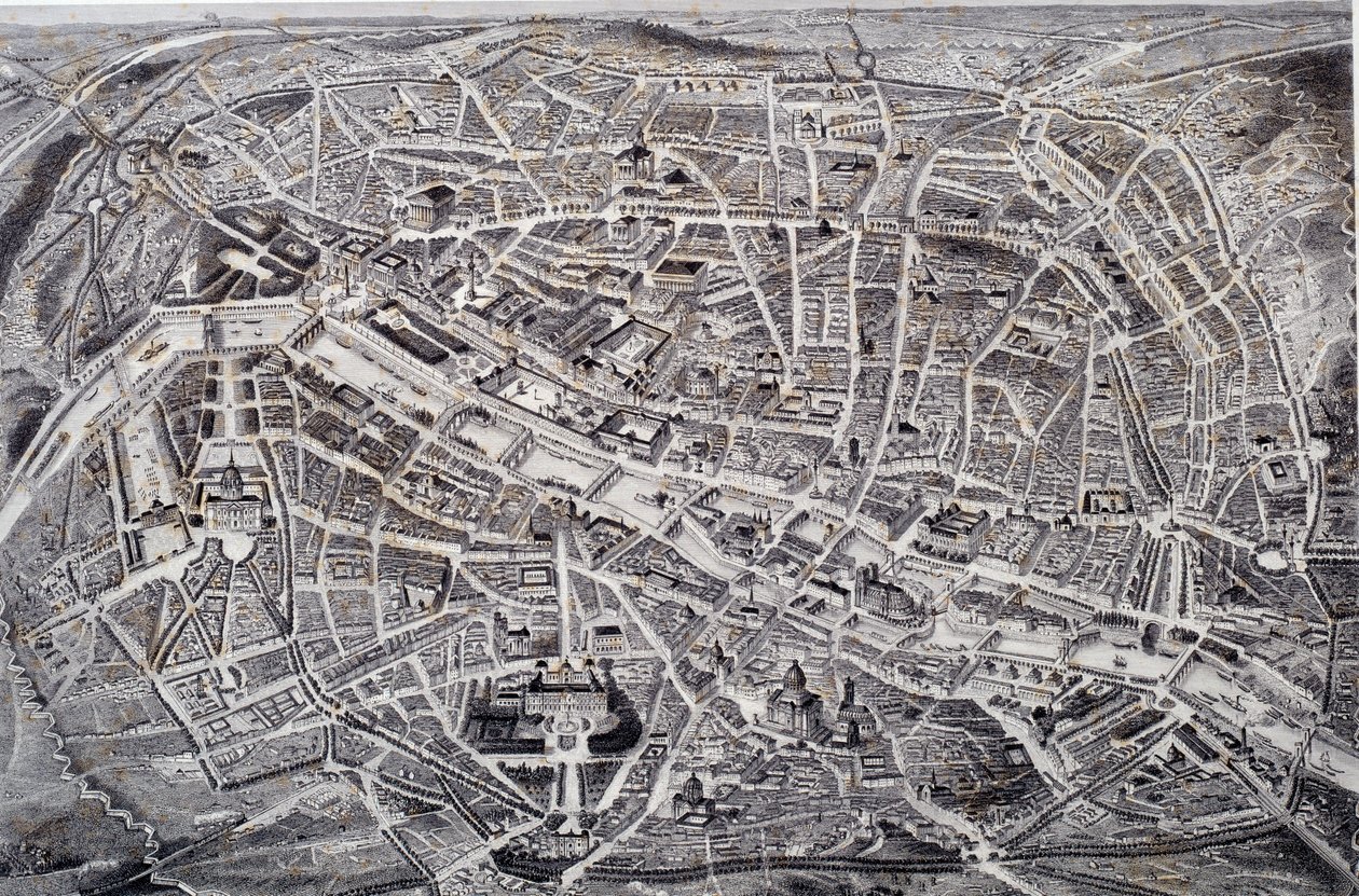 Kart over Paris i relieff og en fugleflue med sine omgivelser og festningsverk. Dyptrykk av Jacques Alphonse Testard (1810-?) Paris fra 1800-tallet, Musee Carnavalet av Jacques Alphonse (after) Testard