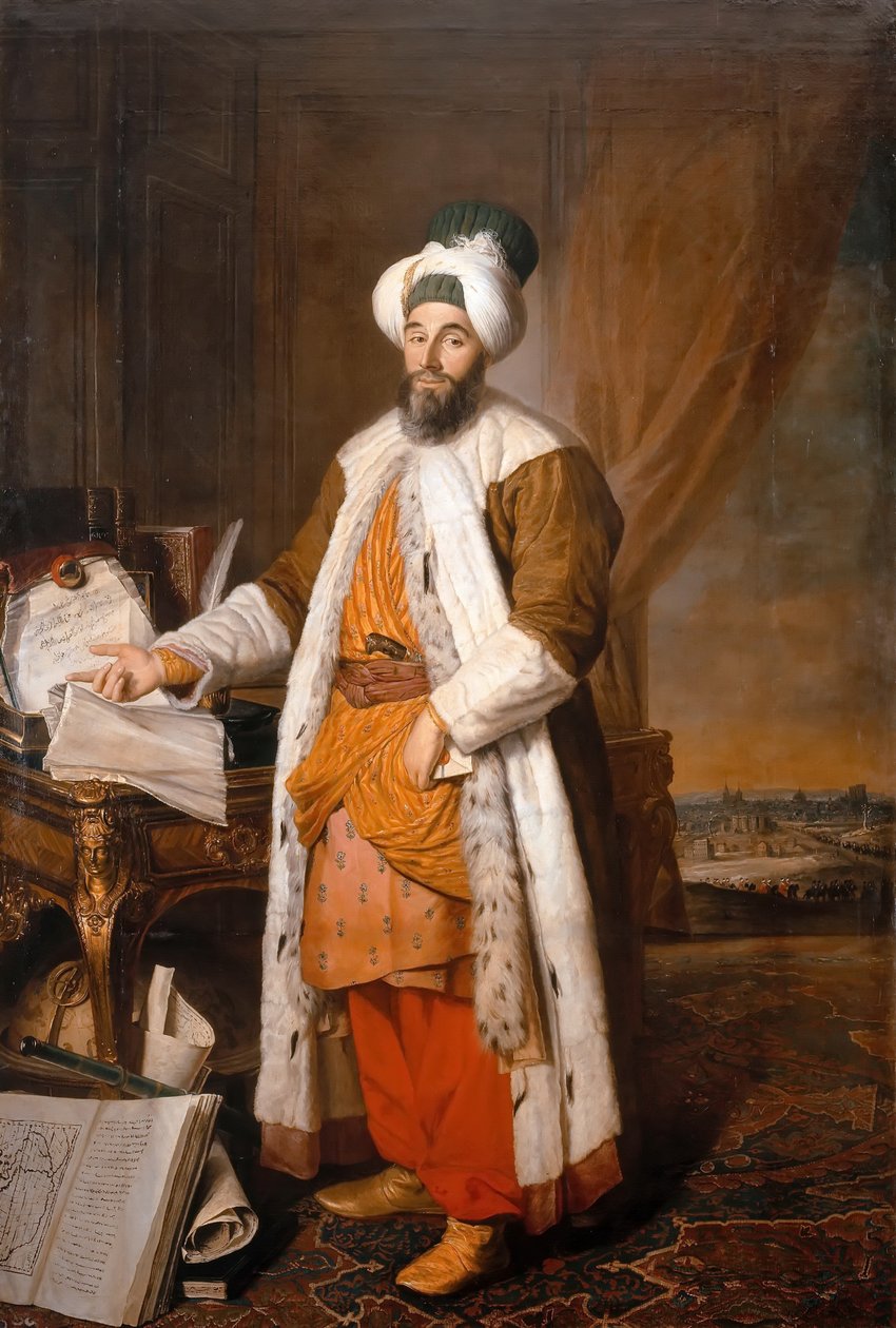Portrett av Mehemet Said Pacha, Bey of Rumelia, spesiell ambassadør for den ottomanske sultan Mahmoud I i av Jacques Andre Joseph Camelot Aved