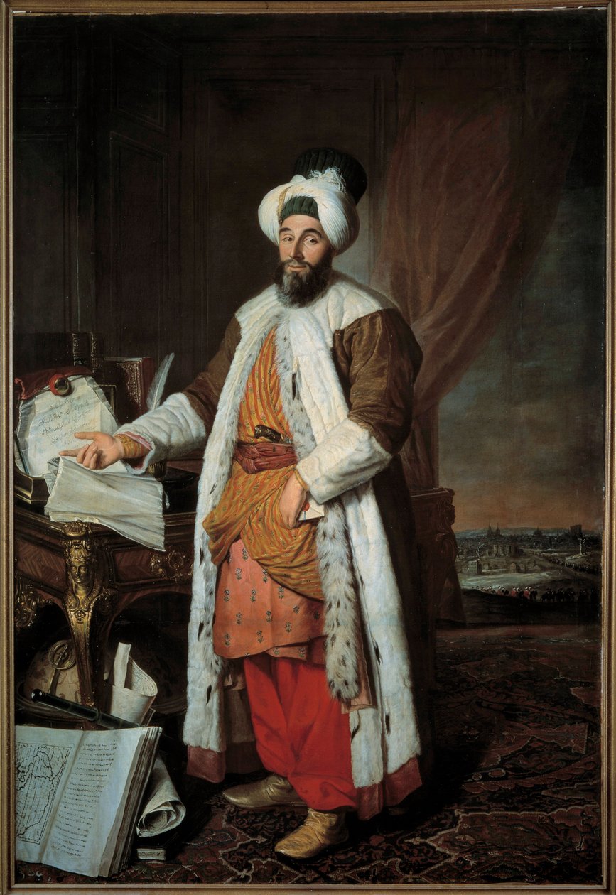 Full lengdeportrett av Mehemet Said Pasha Bey de Roumelie, ambassadør for Sultan Mahmud (Mahmoud) I til Versailles i 1742 Maleri av Jacques Andre Joseph Ave, dit le Camelot eller Avet le Batave (1702-1766) av Jacques Andre Joseph Camelot Aved