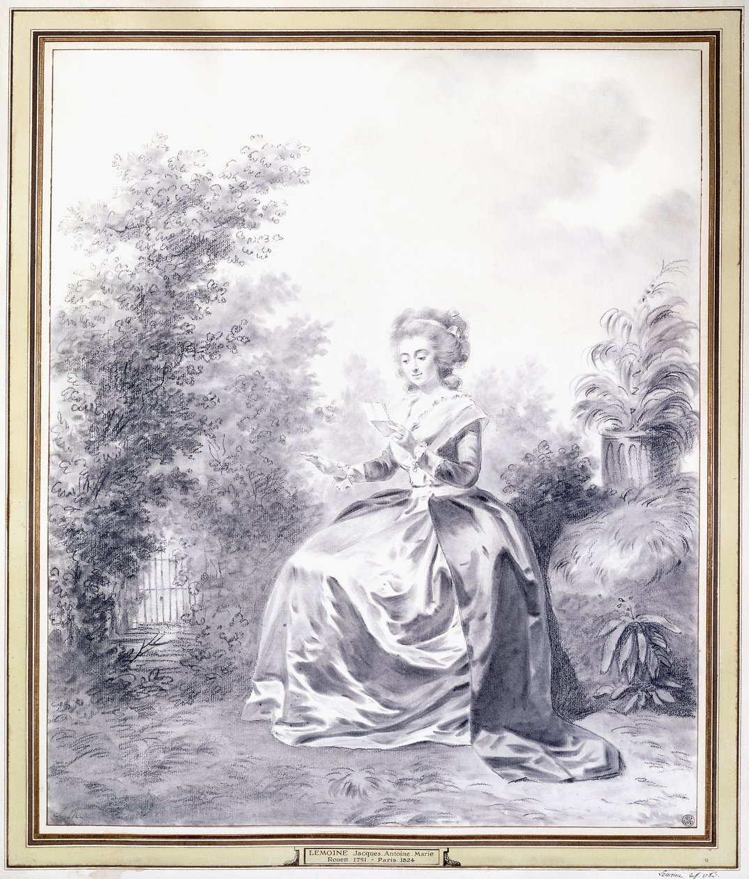 Portrett av Elisabeth Louise Vigee-Lebrun som leser et brev sittende i hagen (svart kritt) av Jacques Antoine Marie Lemoine