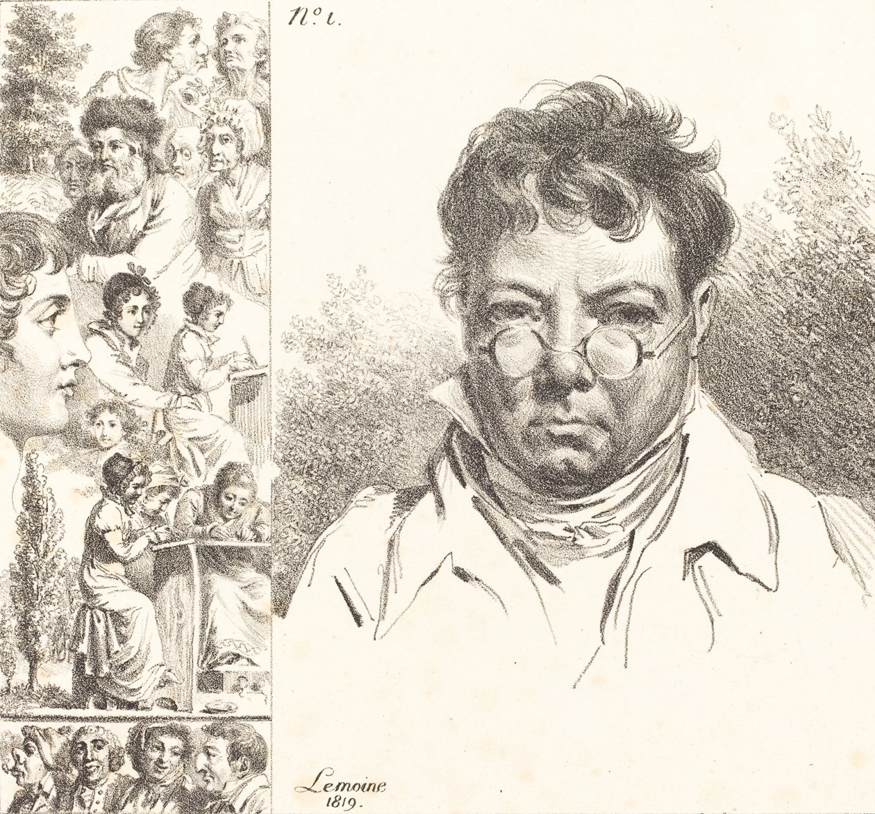 Selvportrett og andre hoder, 1819 (litografi) av Jacques Antoine Marie Lemoine