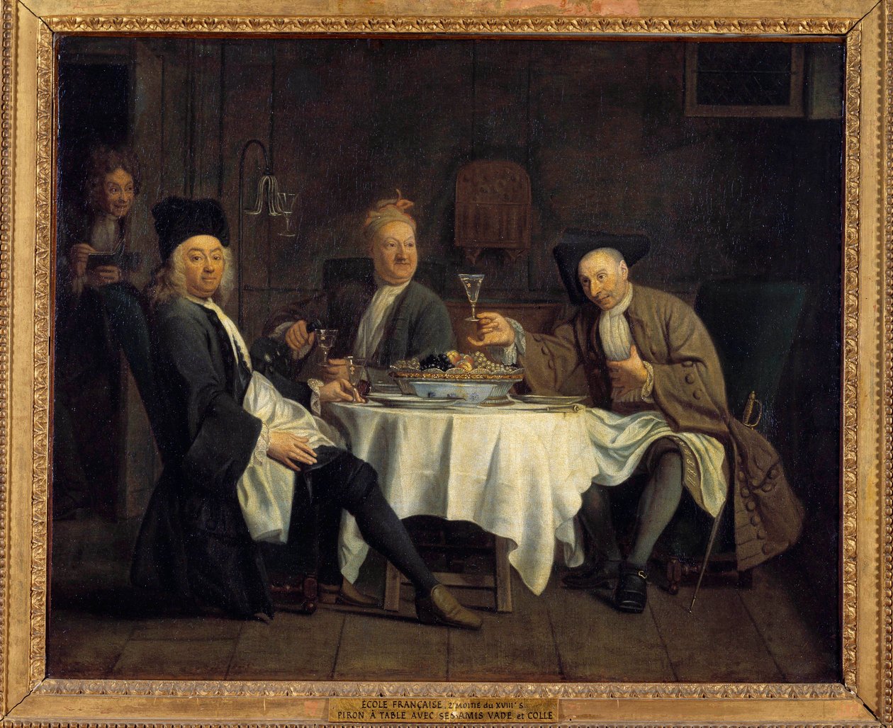 Wine drinkers once said the poet Alexis Piron (1689-1773) at table with his friends Jean Joseph Vade (1720-1757) and Charles Colle (1709-1783) Painting by Jacques Antreau (1657-1745) 18th century Sun. 0,54x0,66 m   1400488   no       norwegian Successfully av Jacques Antreau