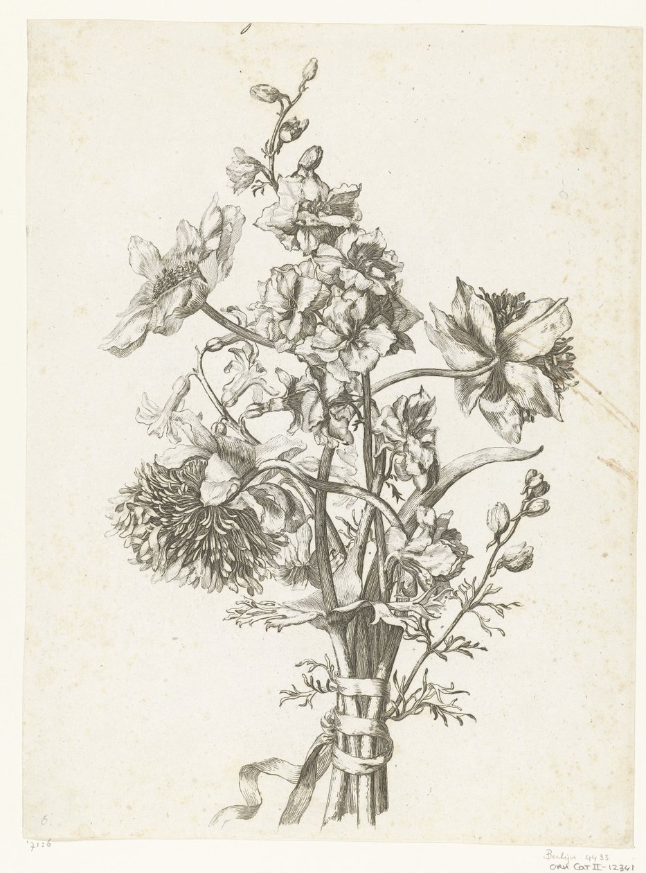 Bukett med anemoner, en hyasint og delphiniums Diverse Fleurs mises en Boucquets (serietittel) av Jacques Bailly (I)