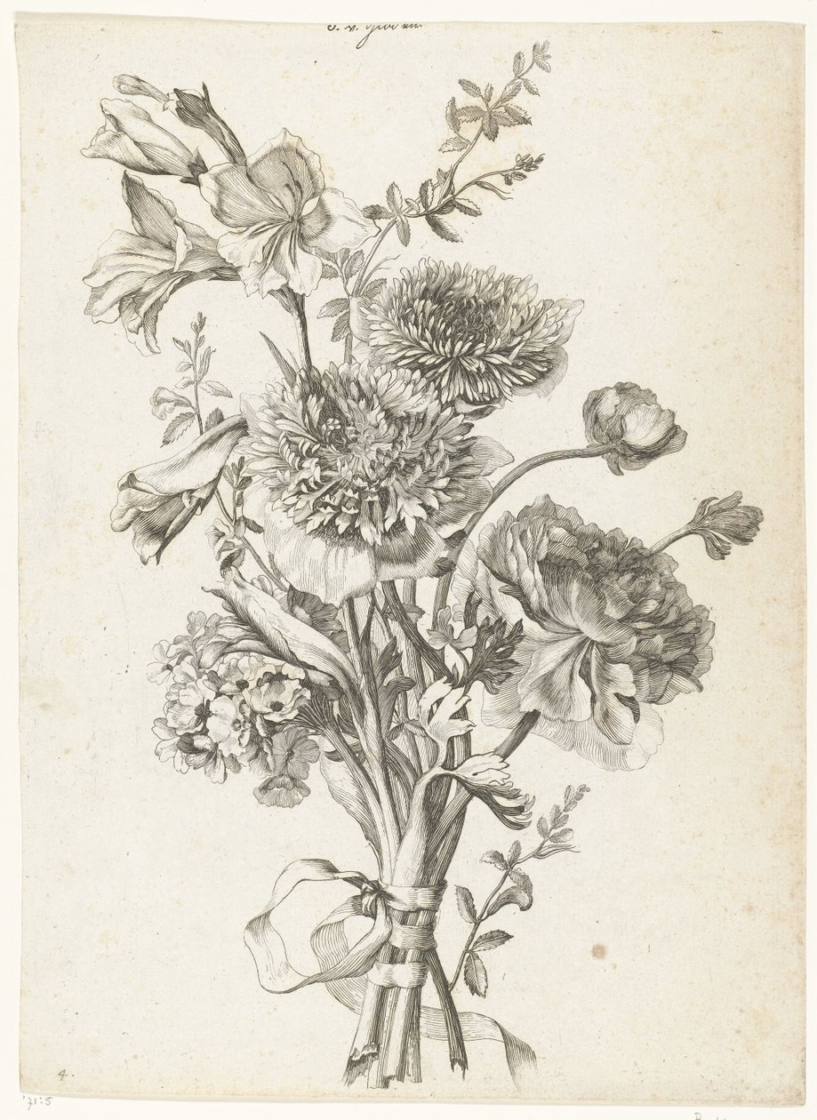 Bukett med anemoner Bukett med anemoner, en peon, stilkblomster og gladioler Diverse Fleurs mises en Boucquets (serietittel) av Jacques Bailly (I)