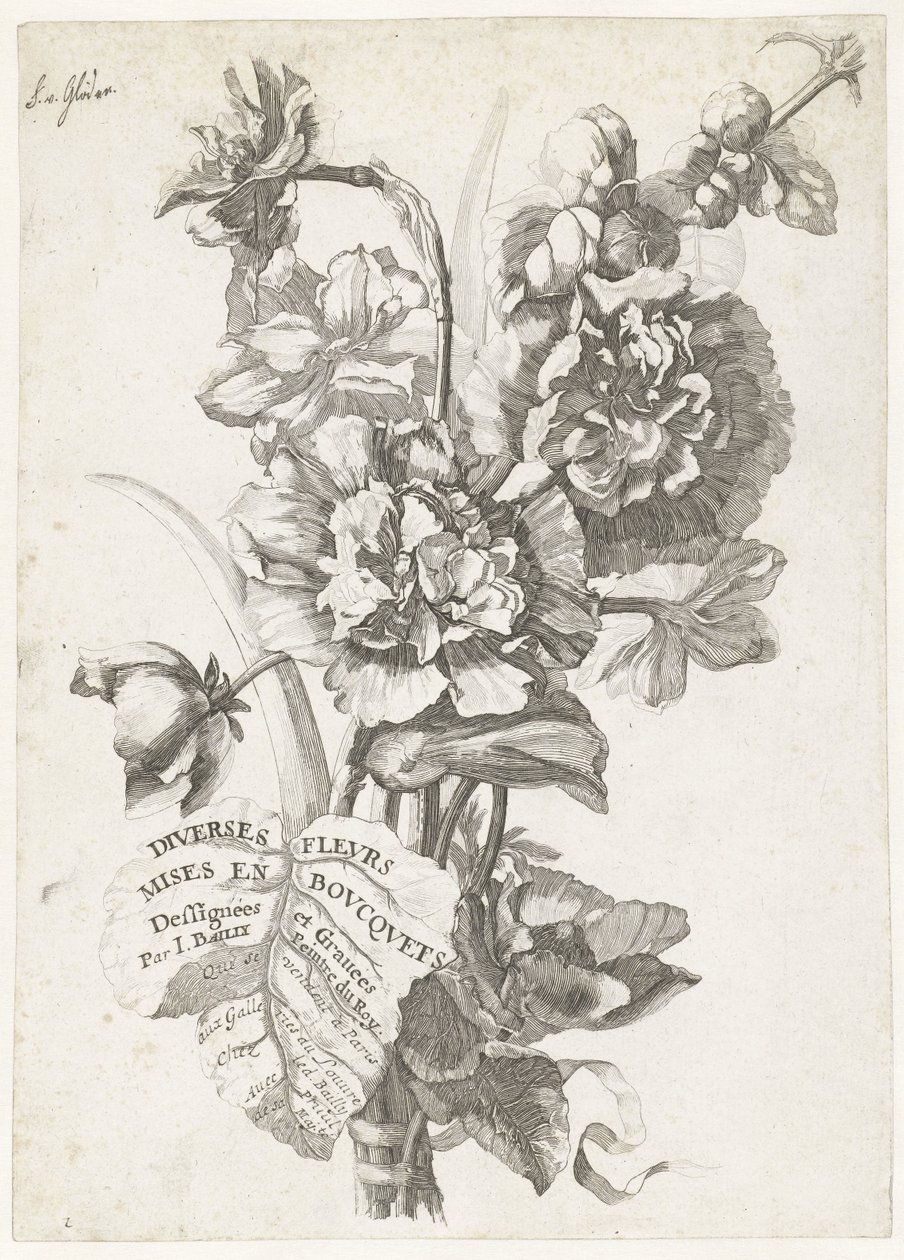 Tittelside med en bukett peoner Titelblad: Diverse blomster i buketter Ulike blomster i buketter (serietittel på objekt) Ulike blomster i buketter (serietittel) av Jacques Bailly (I)
