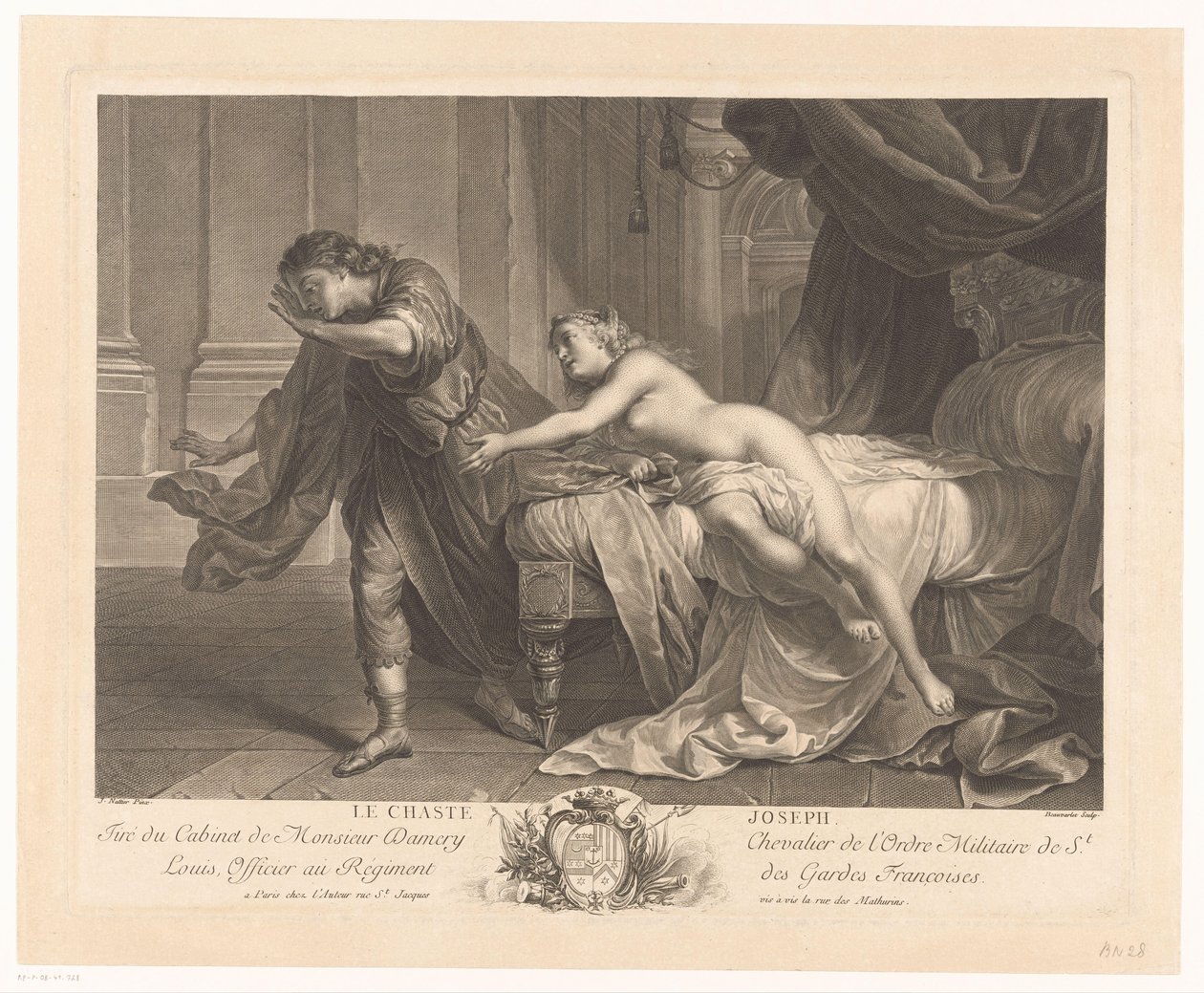 Josef motstår Potifars hustrus fristelse Le chaste Joseph (tittel på objekt) av Jacques Beauvarlet