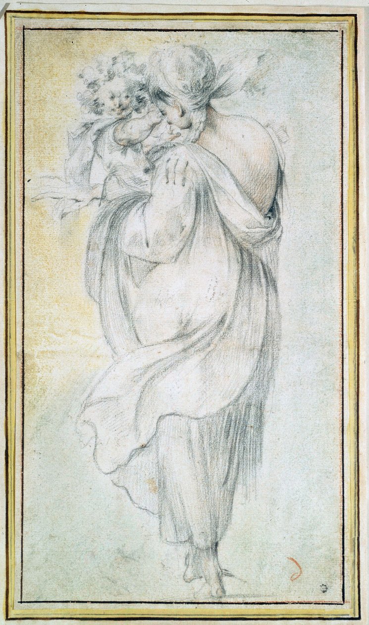 Sigøyner med et barn - Verk av Jacques Bellange (rundt 1575-1616), blod og svart og hvitt kritt på papir (30x16,5 cm), tidlig på 1600-tallet - Sigøyner med et barn, blod, svart og hvitt kritt på papir av J Bellange, tidlig på 1600-tallet - delstat H av Jacques Bellange