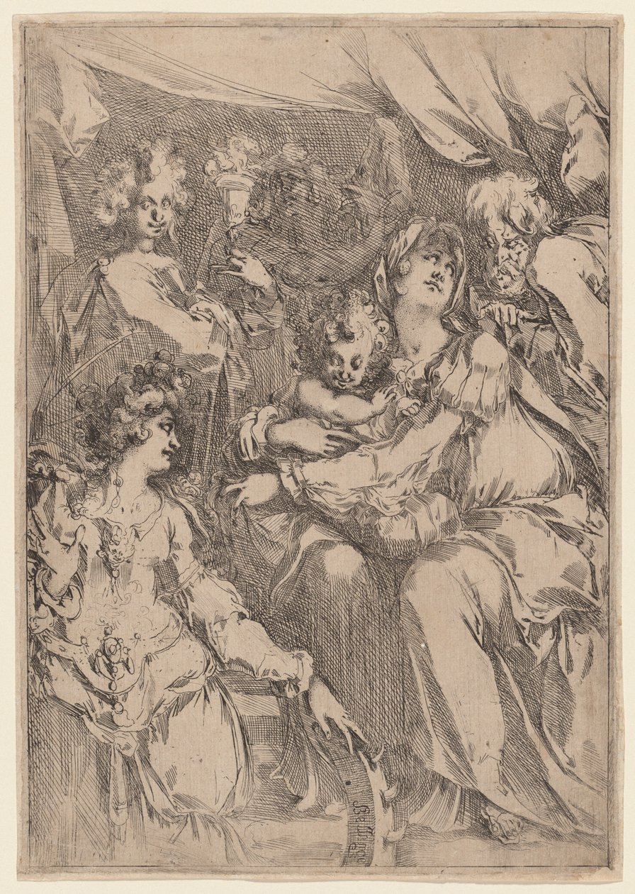 Den hellige familie med Saint Catherine, Saint John the Evangelist, and an Angel, 16121616. av Jacques Bellange