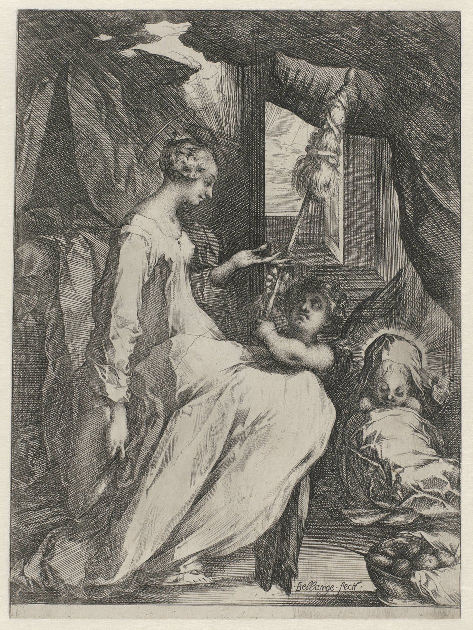 Jomfru Maria spinner med Kristusbarnet og en engel Mary med barn og en engel som holder en distaff av Jacques Bellange
