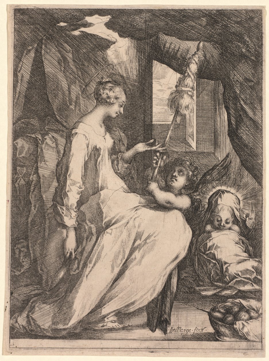 Jomfruen og barnet med distaff og en engel, ca. 1611-1613. av Jacques Bellange