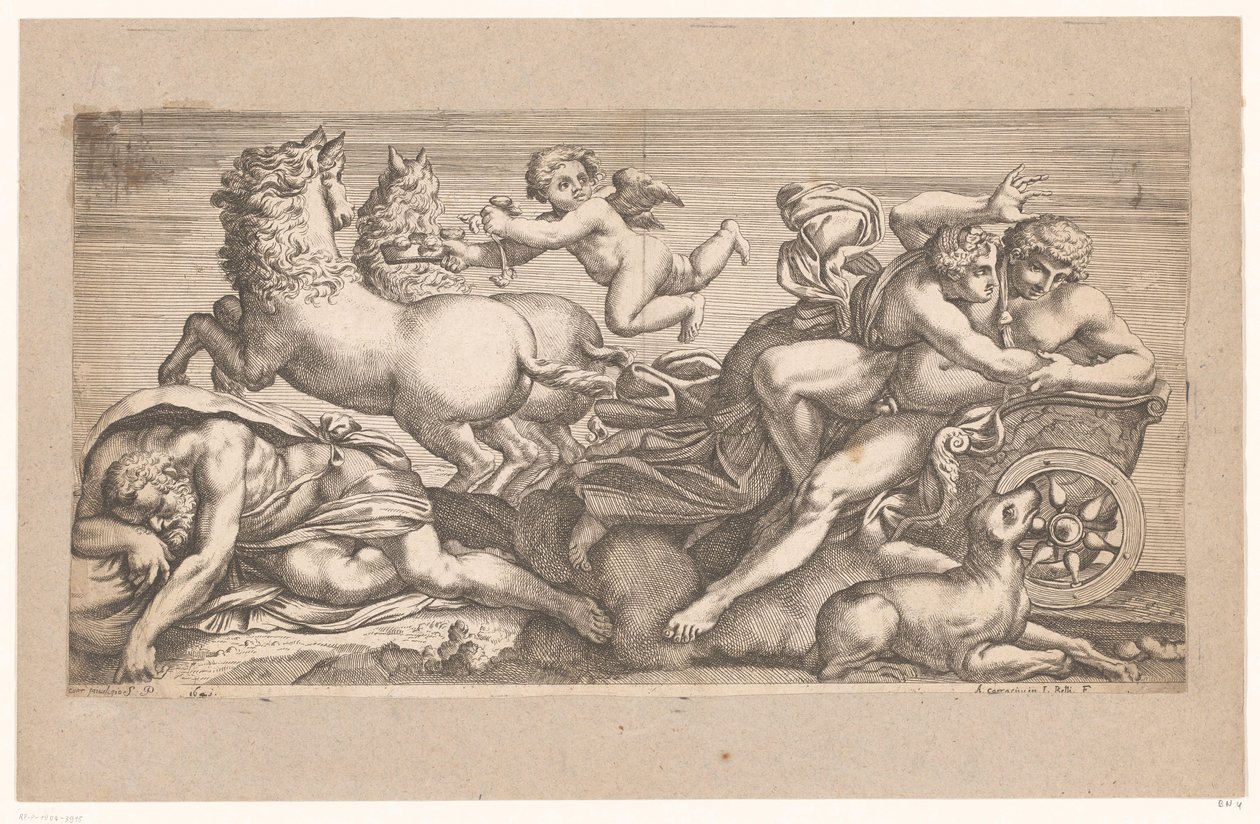 Cephalus tatt av Aurora i vognen hennes Mytologiske scener etter fresker i Palazzo Farnese i Roma (serietittel) av Jacques Belly