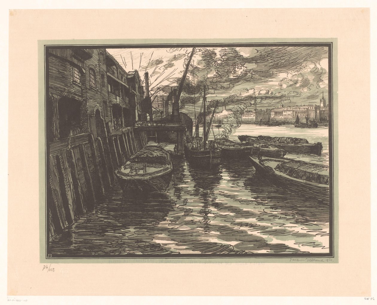 Slooper på Themsen i London av Jacques Beltrand (signed by artist)