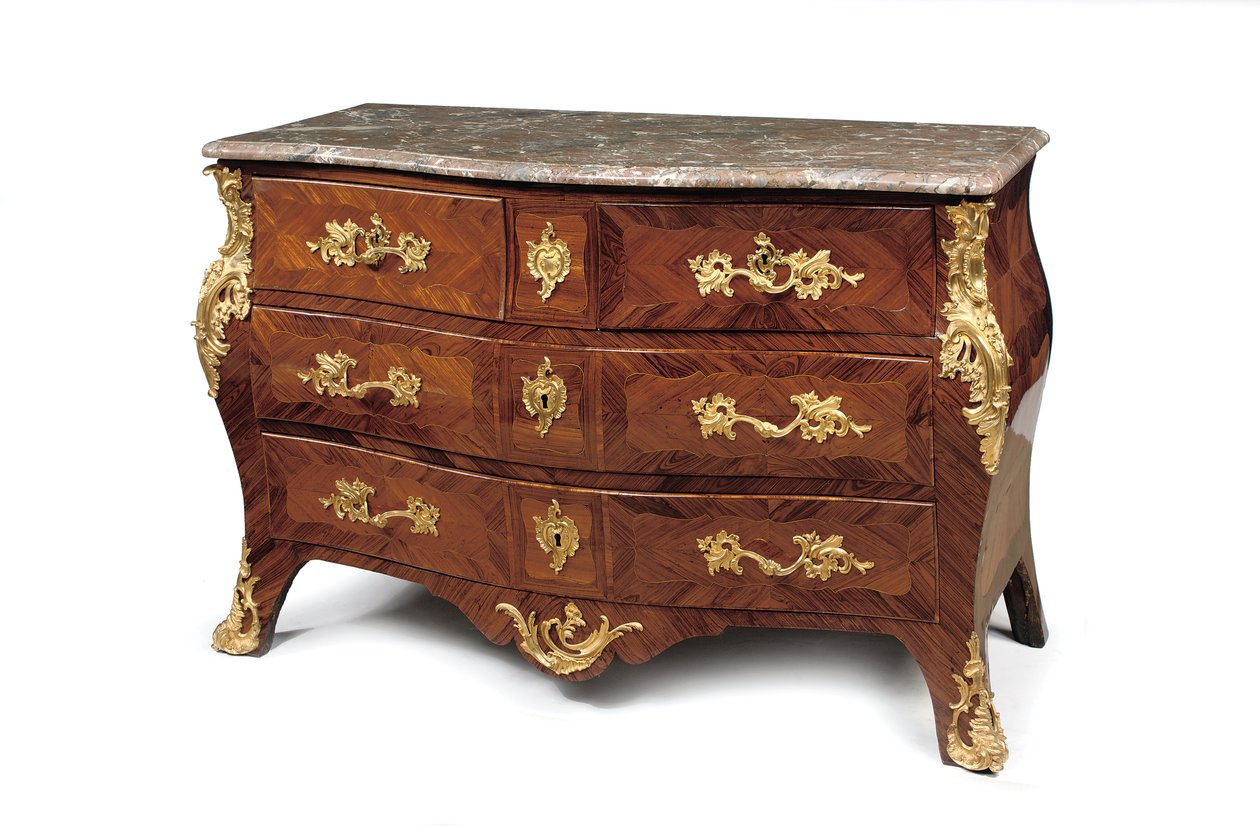 Louis XV bombe commode, tredje kvartal av 1700-tallet (ormolu befestet kingwood, tulipwood, marmor & marquetry) av Jacques Birckle