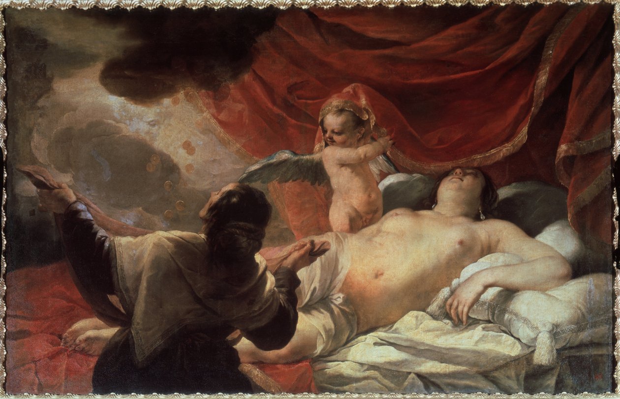 ""Danae"" Zevs presenterer seg for Danae for å forføre henne i form av en dusj av gullmynter. Maleri av Jacques Blanchard (1600-1638) 1600-tallets statlige friluftsmuseum Tsarskoye Selo, St. Petersburg, Russland av Jacques Blanchard