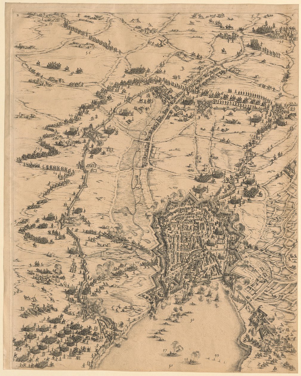 Tavle 2, øverst i midten, fra «Beleiringen av La Rochelle» av Jacques Callot