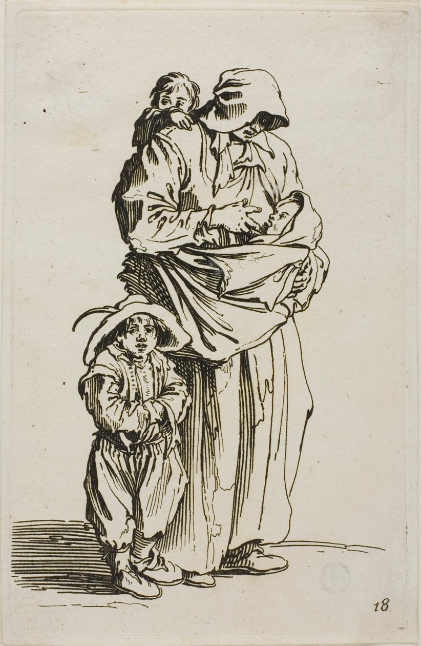 En mor med sine tre barn, tallerken 18 fra The Beggars av Jacques Callot