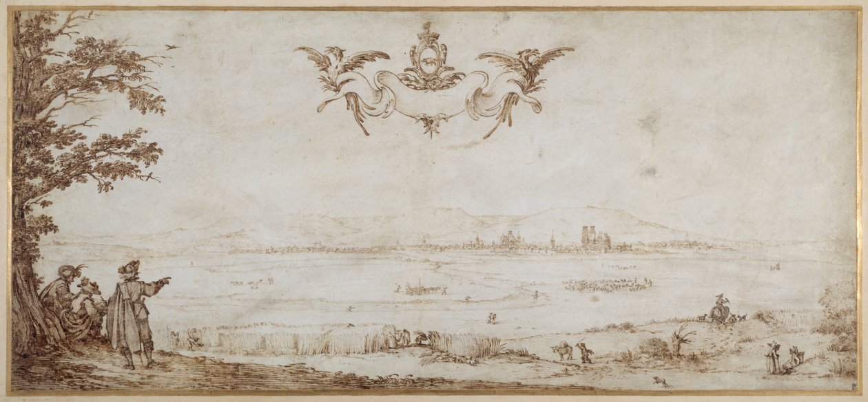 En utsikt over Toul over sletten, landskap med figurer, himmelen med armene til porseller (penn og brunt blekk på vellum) av Jacques Callot