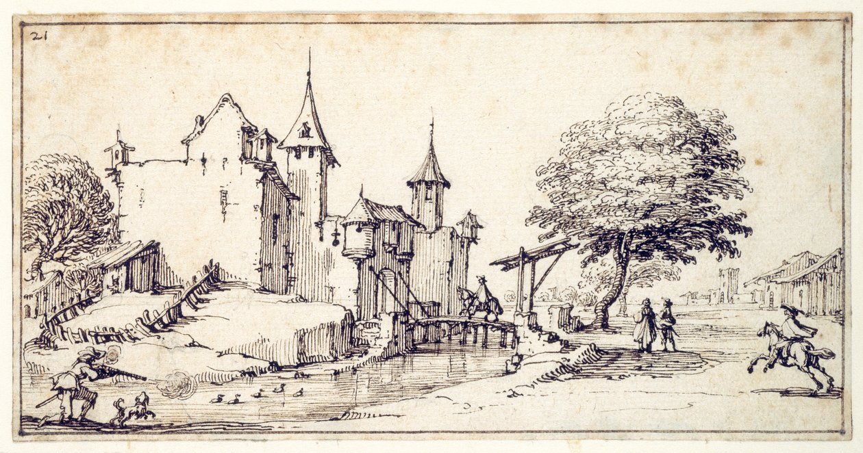 Et slott med vindebro (penn og brunt blekk på papir) av Jacques Callot