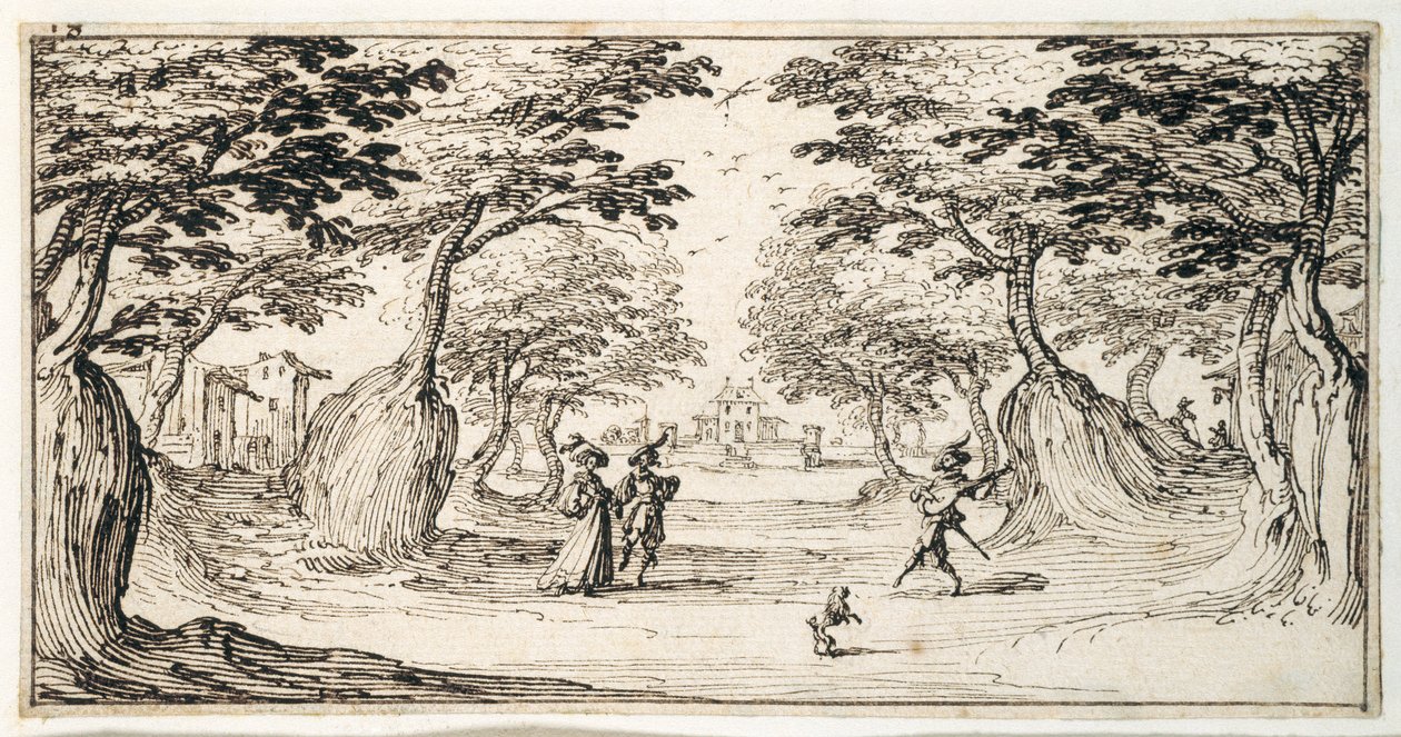 En fin dame og herre som danser i skogen til en lutt, et slott i det fjerne (penn og brunt blekk på papir) av Jacques Callot