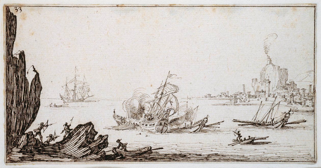 En bysse rammet midtskips av en krigsmann under seil innenfor synsvidde av havnen, ca. 1617 (penn og brunt blekk på papir) av Jacques Callot